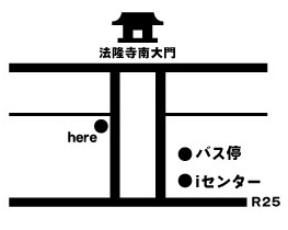 法隆寺南大門と60COFFEEの位置を示す案内図